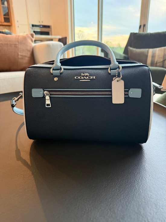 Coach Handbags - COACH Black Duffel Bag with Light Blue Trim and Cream Tag